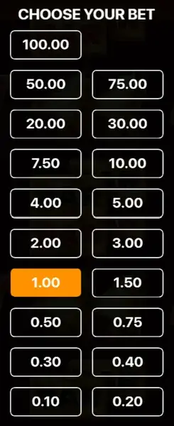 Burning Fortunator bet picker with 19 preset bet levels from 0.10 to 100.00